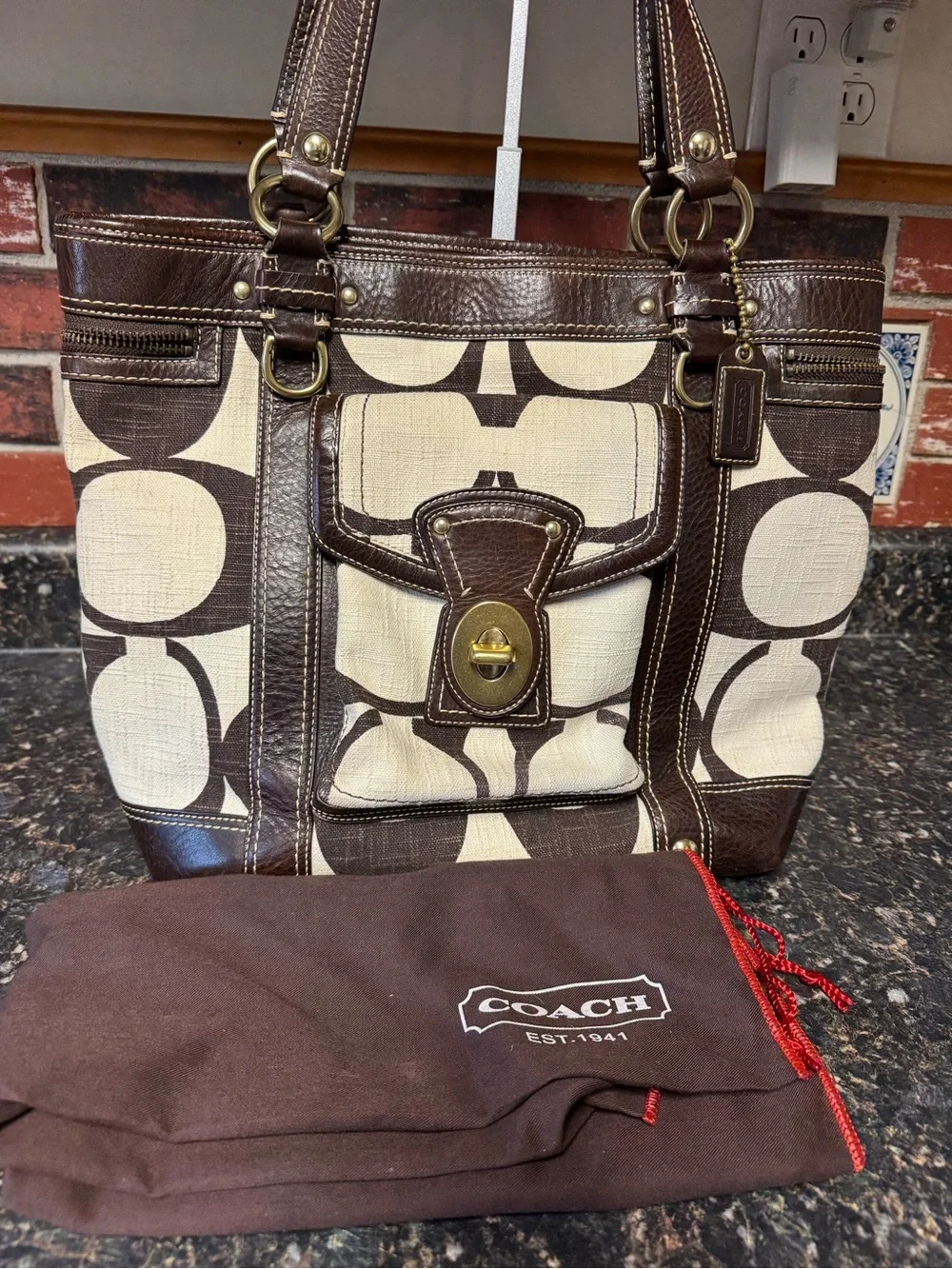 Coach Legacy Signature Turnlock Tote Brown Jacquard Canvas Leather A0768-